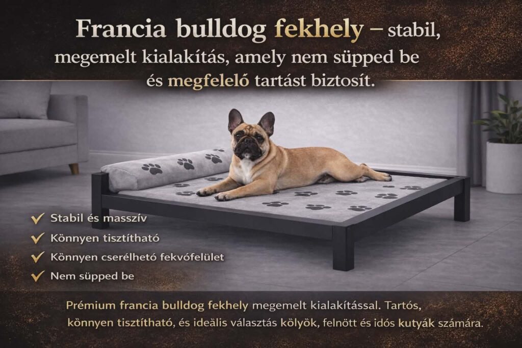 Francia bulldog fekhely cserélhető fekvőfelülettel, megemelt stabil kutyaágy, amely nem süpped be és megfelelő alátámasztást biztosít