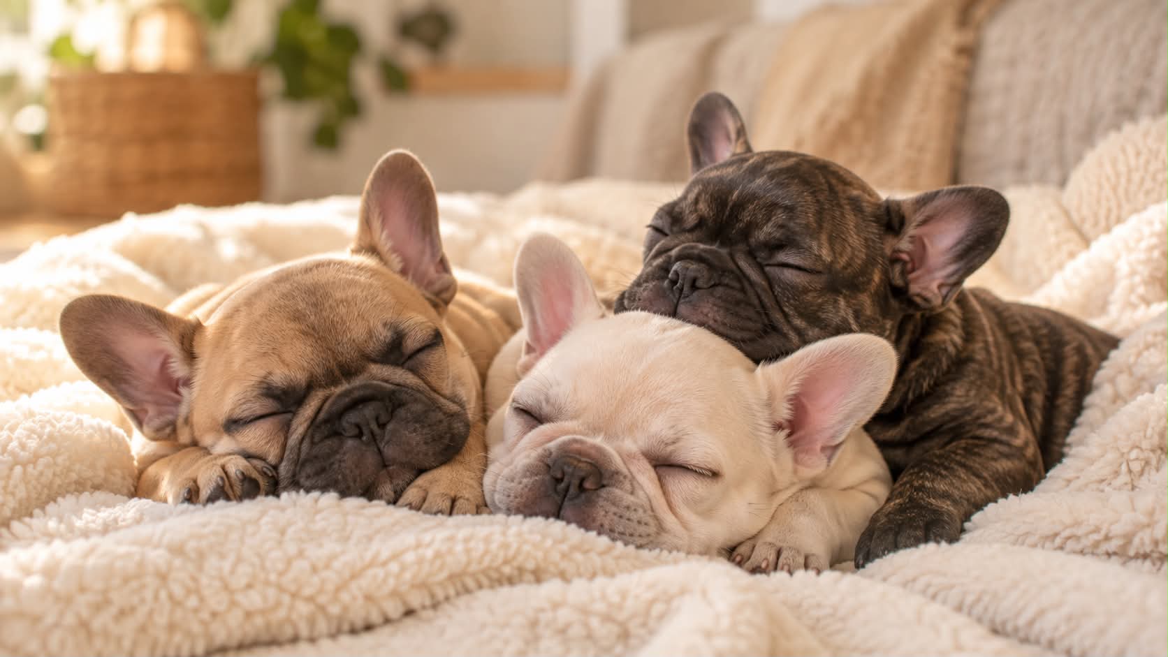 Összebújva alvó francia bulldog kölykök