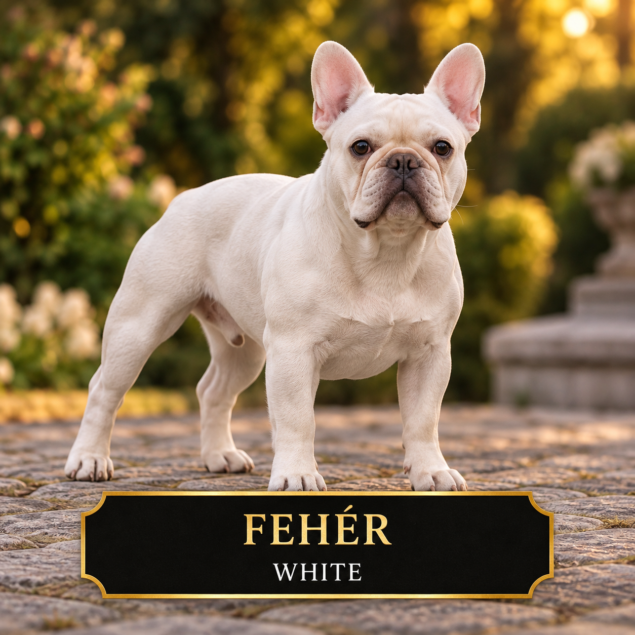 Fehér francia bulldog Fehér francia bulldog fekete orral és sötét szemekkel