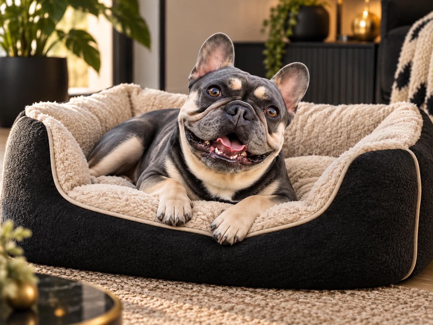 Francia bulldog kényelmes fekhelyen
