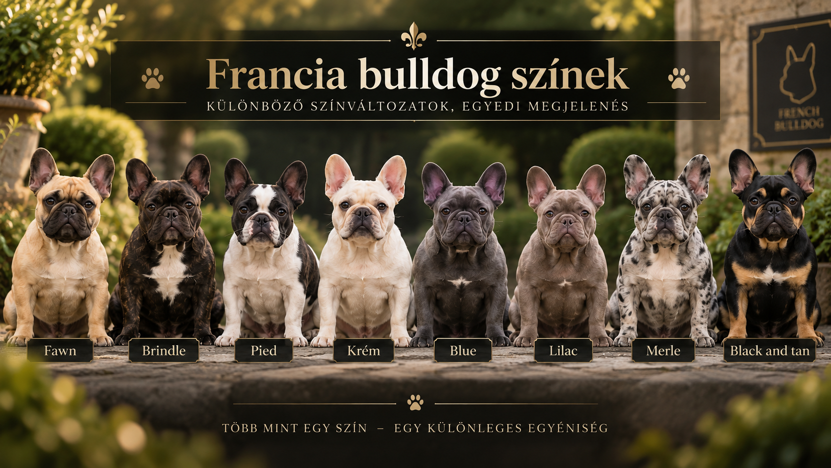 Francia bulldog színek Francia bulldog színek – fawn, brindle, pied, krém, blue, lilac, merle és black and tan színváltozatok