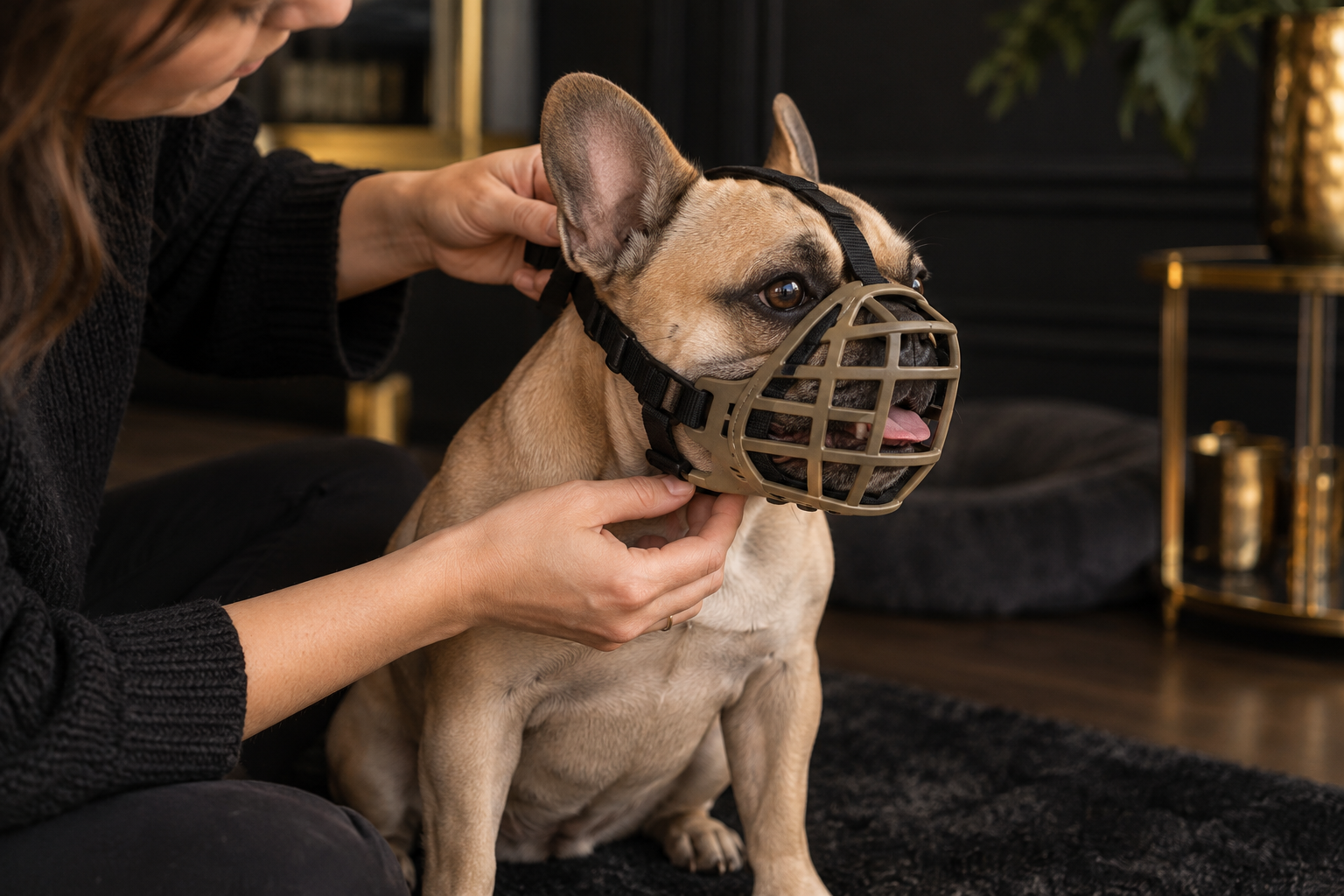 Francia bulldog kosaras szájkosarának és fejpántjainak illeszkedés-ellenőrzése