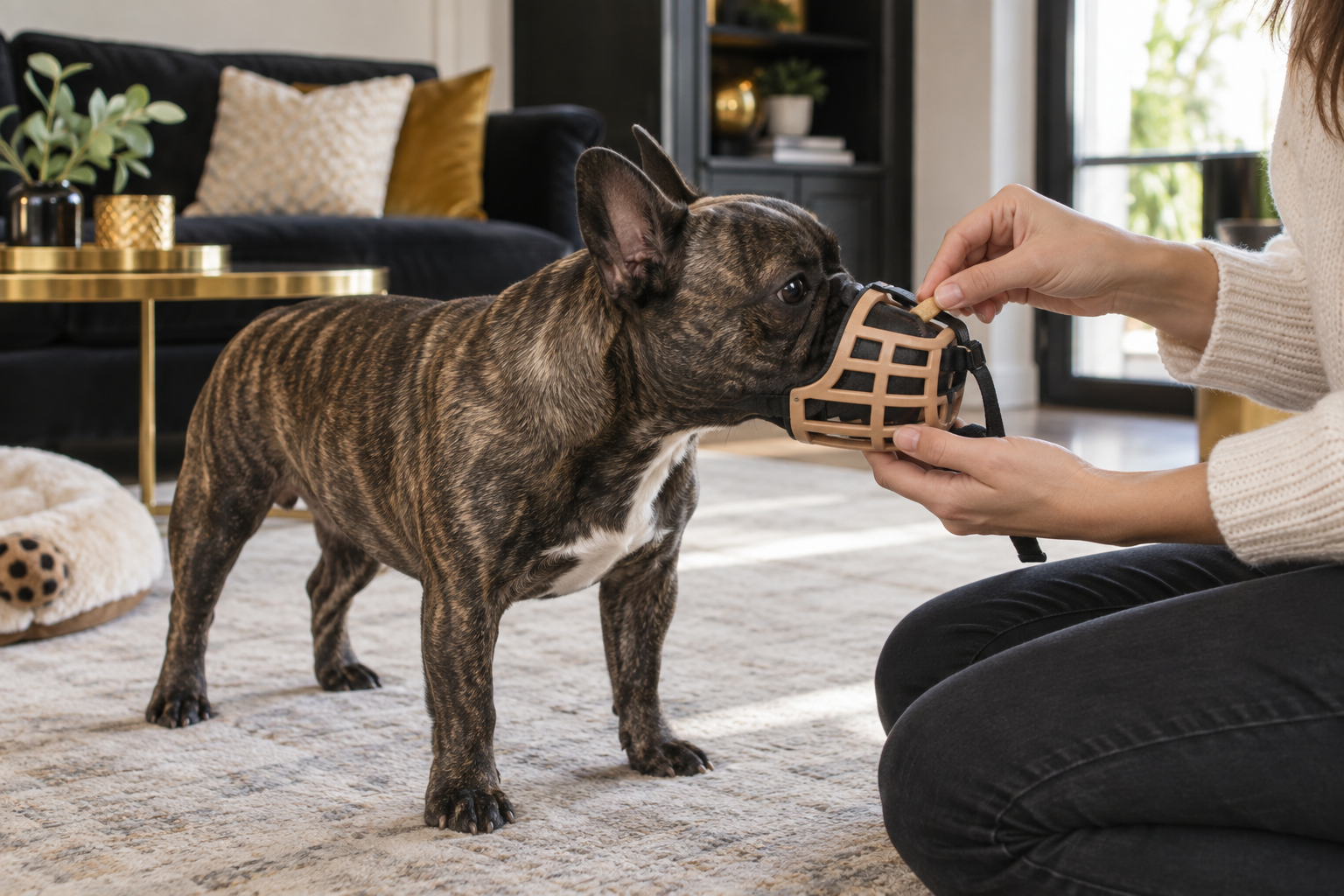 Francia bulldog biztonságos séta közben rövid orrhoz illeszkedő szájkosárban